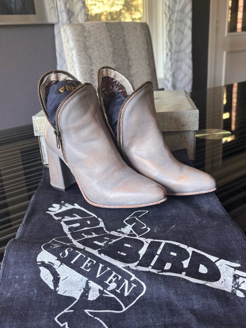 Freebird by Steven Jaleesa Smoke Distressed Leather Boots Brand New Box Included